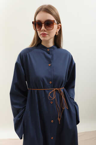 Dik Yaka Gömlek Elbise Lacivert - 7