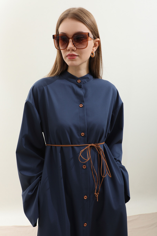 Dik Yaka Gömlek Elbise Lacivert - 7