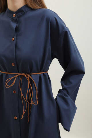 Dik Yaka Gömlek Elbise Lacivert - 8