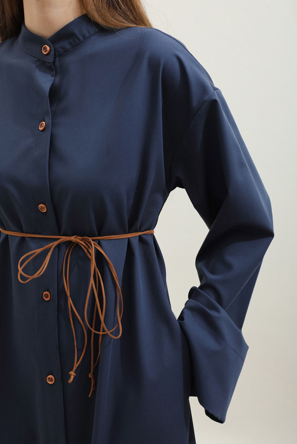 Dik Yaka Gömlek Elbise Lacivert - 8