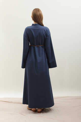 Dik Yaka Gömlek Elbise Lacivert - 11