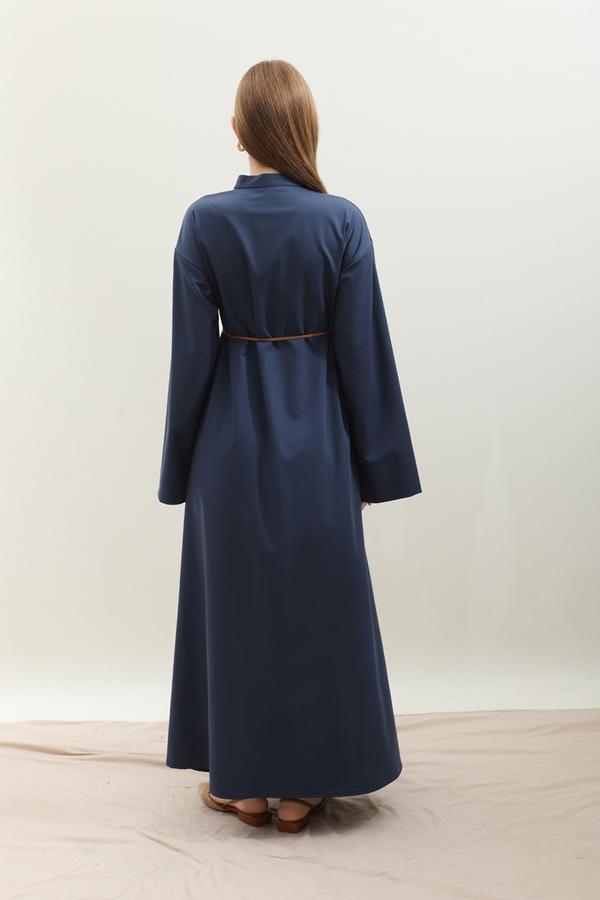 Dik Yaka Gömlek Elbise Lacivert - 11