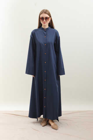Dik Yaka Gömlek Elbise Lacivert - 9