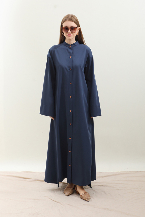 Dik Yaka Gömlek Elbise Lacivert - 9