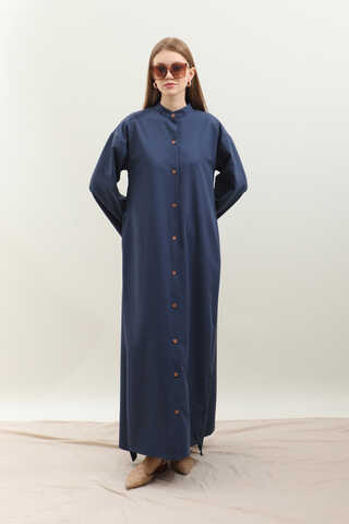 Dik Yaka Gömlek Elbise Lacivert - 10