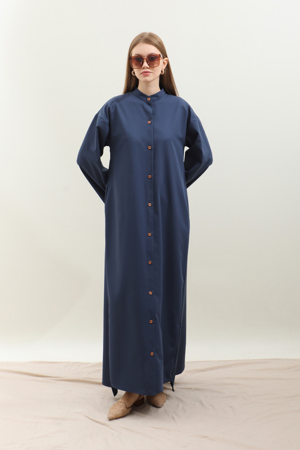 Dik Yaka Gömlek Elbise Lacivert - 10