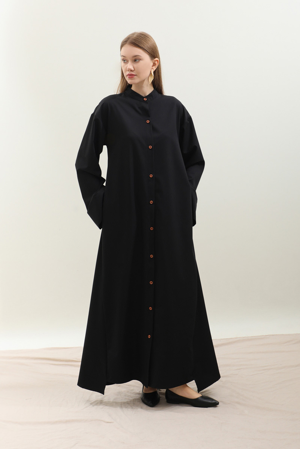 Dik Yaka Gömlek Elbise Siyah - 9