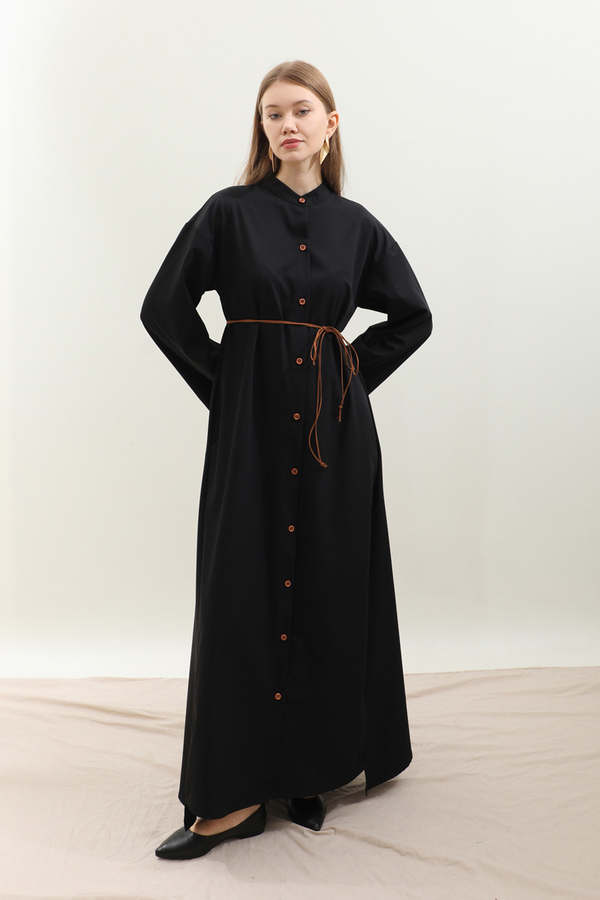 Dik Yaka Gömlek Elbise Siyah - 11