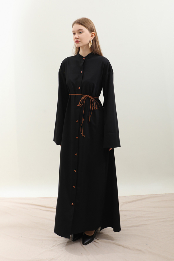 Dik Yaka Gömlek Elbise Siyah - 12