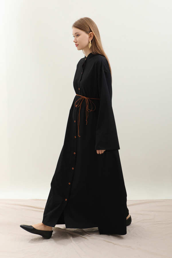 Dik Yaka Gömlek Elbise Siyah - 13