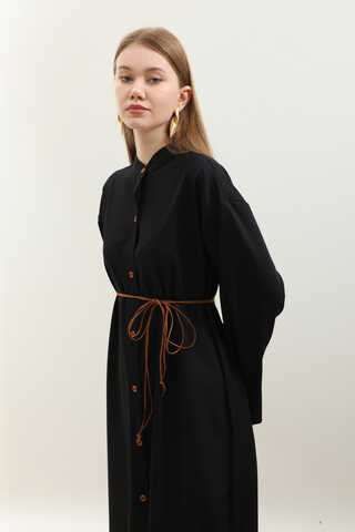 Dik Yaka Gömlek Elbise Siyah - 14