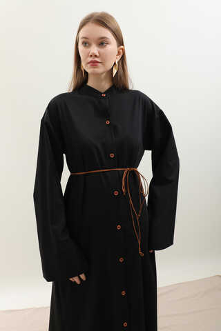 Dik Yaka Gömlek Elbise Siyah - 17