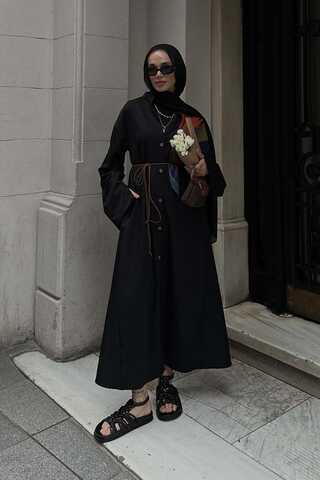 Dik Yaka Gömlek Elbise Siyah - 5