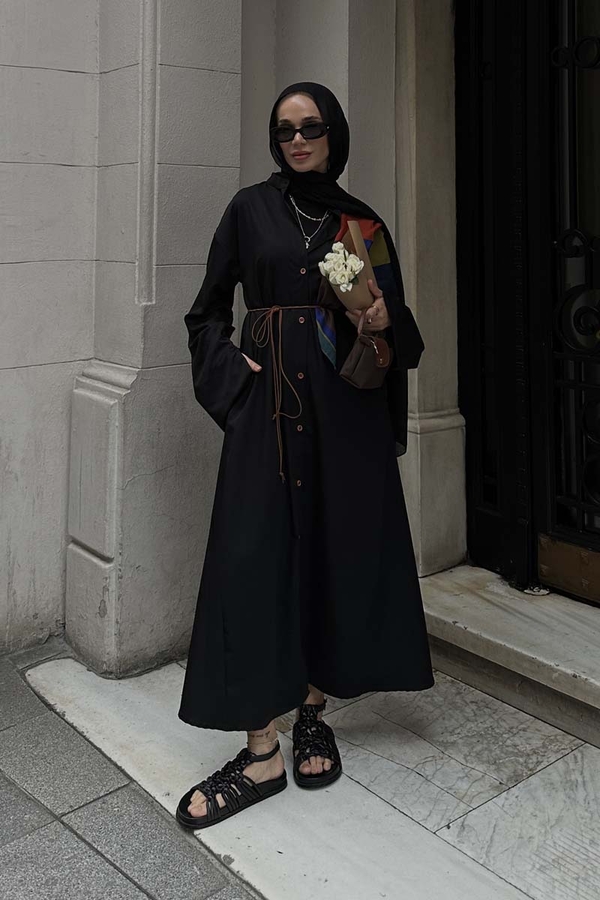 Dik Yaka Gömlek Elbise Siyah - 5