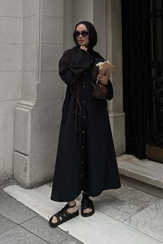 Dik Yaka Gömlek Elbise Siyah - 6