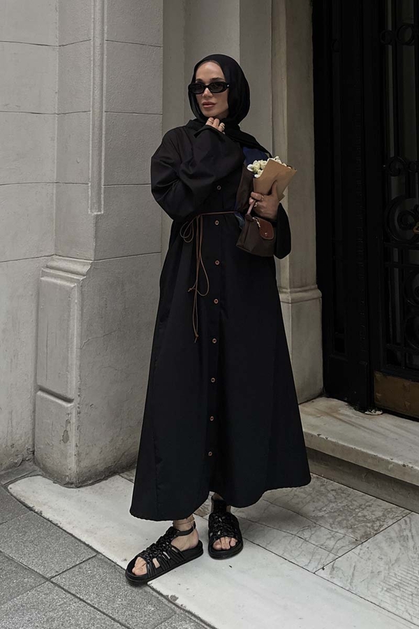 Dik Yaka Gömlek Elbise Siyah - 6