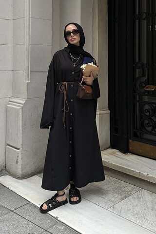 Dik Yaka Gömlek Elbise Siyah - 3