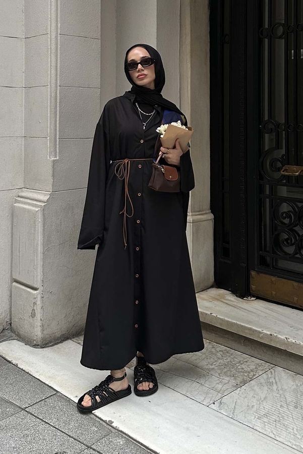 Dik Yaka Gömlek Elbise Siyah - 3