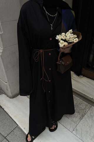 Dik Yaka Gömlek Elbise Siyah - 7