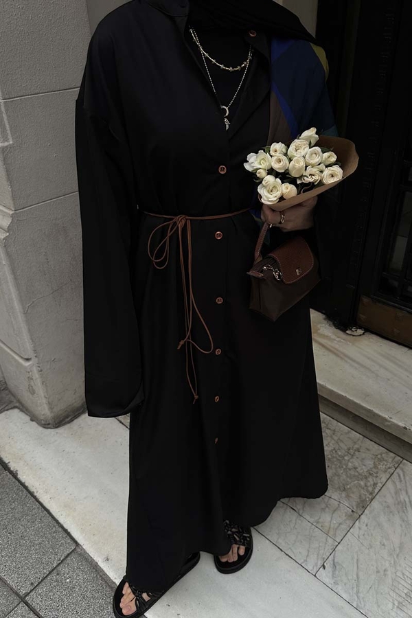 Dik Yaka Gömlek Elbise Siyah - 7