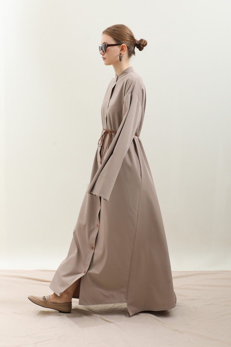 Dik Yaka Gömlek Elbise Vizon