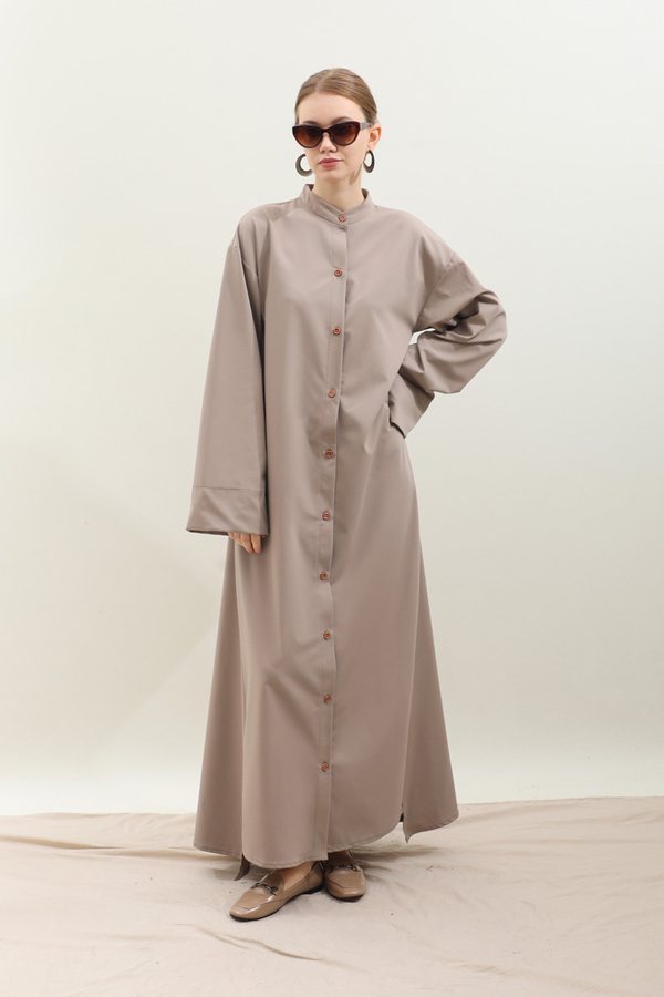 Dik Yaka Gömlek Elbise Vizon - 2