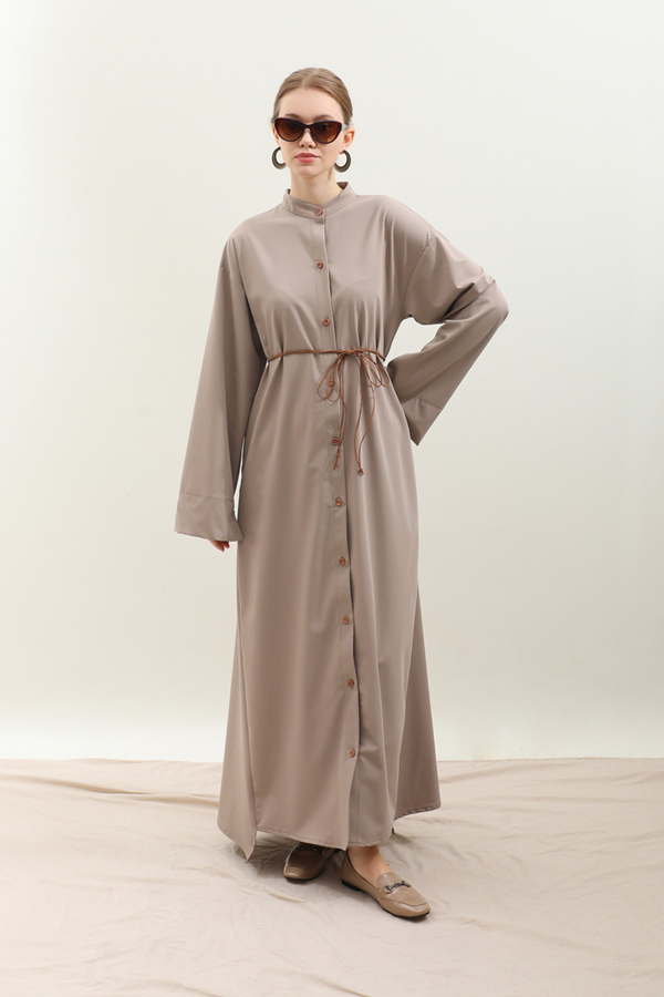 Dik Yaka Gömlek Elbise Vizon - 4