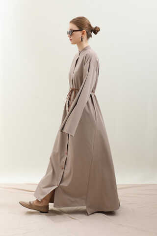 Dik Yaka Gömlek Elbise Vizon - 1