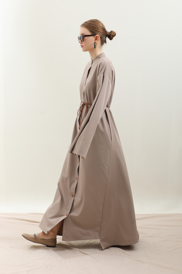 Dik Yaka Gömlek Elbise Vizon 