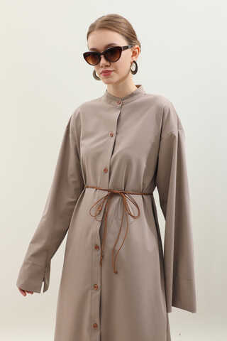 Dik Yaka Gömlek Elbise Vizon - 5