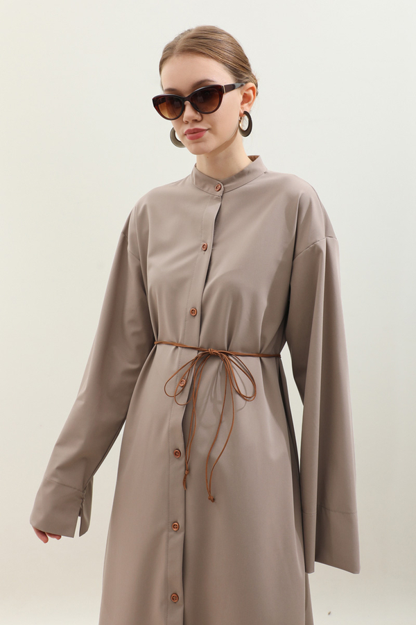 Dik Yaka Gömlek Elbise Vizon - 5