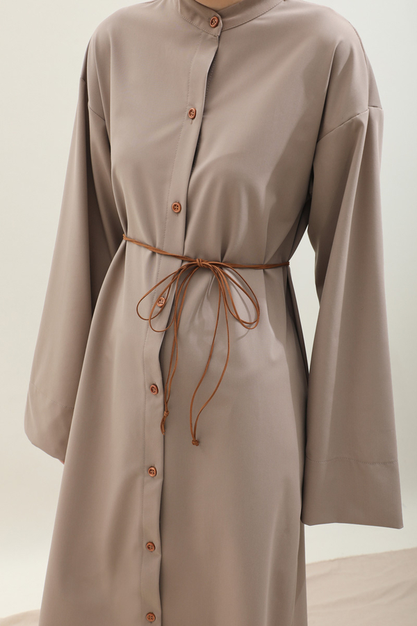 Dik Yaka Gömlek Elbise Vizon - 6