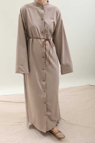 Dik Yaka Gömlek Elbise Vizon - 7