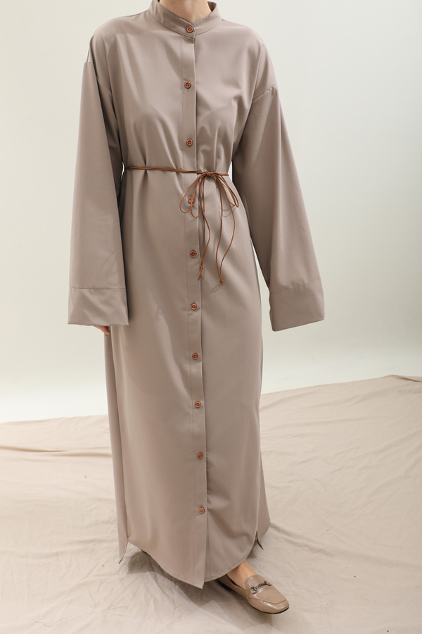 Dik Yaka Gömlek Elbise Vizon - 7