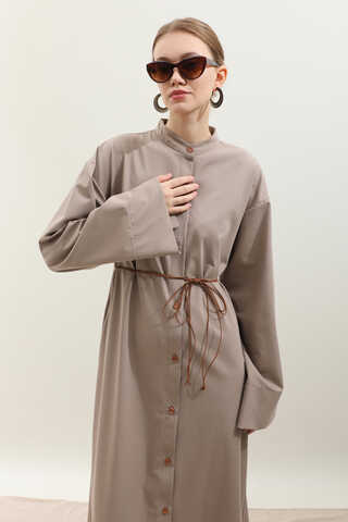 Dik Yaka Gömlek Elbise Vizon - 8