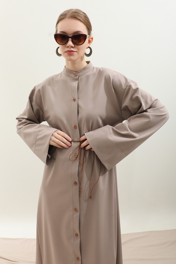 Dik Yaka Gömlek Elbise Vizon - 9