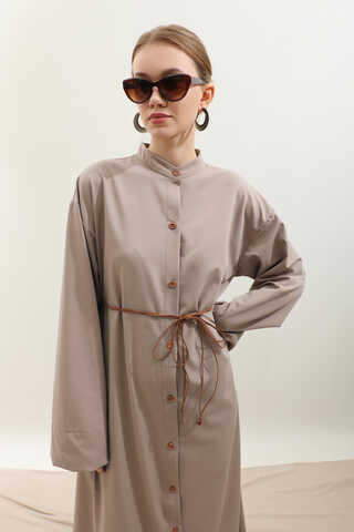 Dik Yaka Gömlek Elbise Vizon - 10