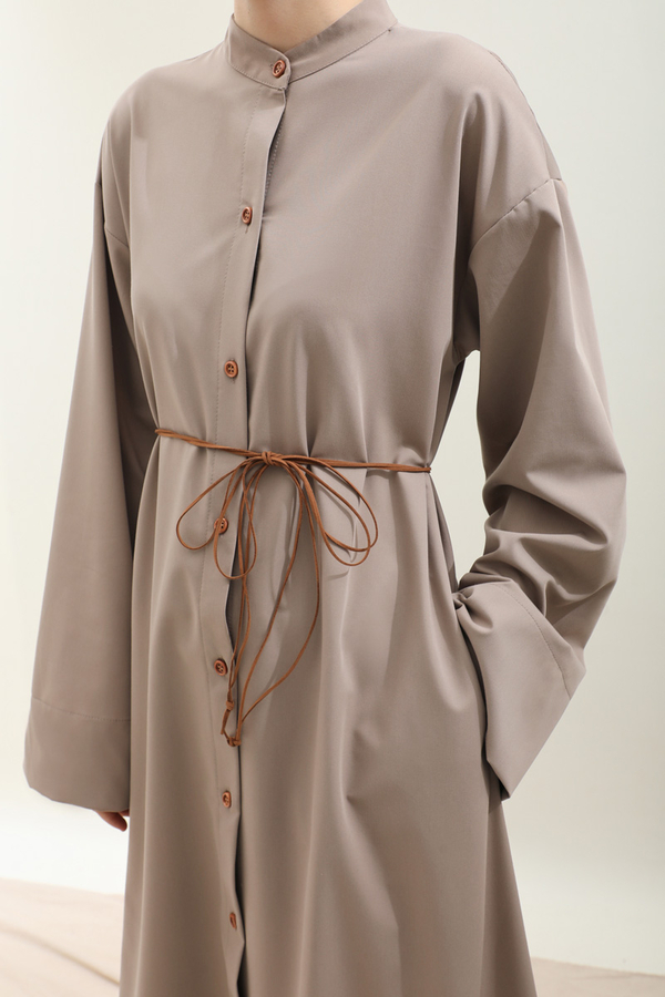 Dik Yaka Gömlek Elbise Vizon - 11