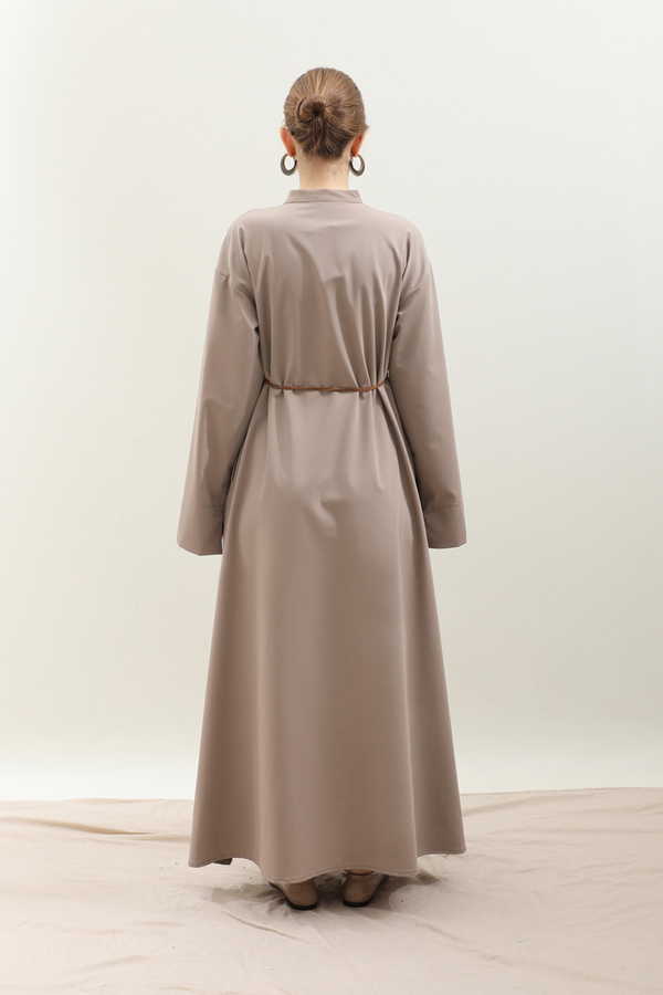 Dik Yaka Gömlek Elbise Vizon - 12