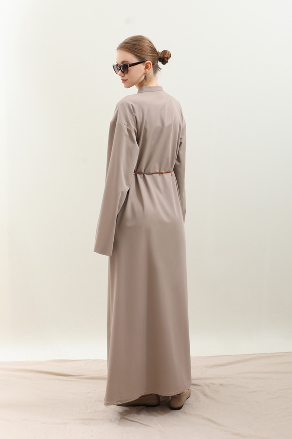 Dik Yaka Gömlek Elbise Vizon - 13