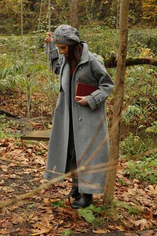 Dik Yaka Kruvaze Kaban Gri - 2