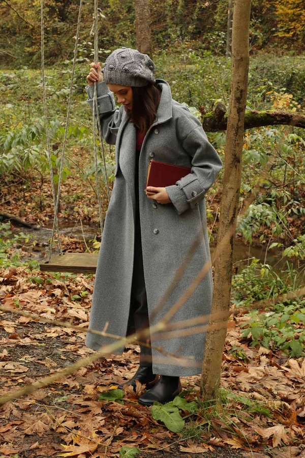 Dik Yaka Kruvaze Kaban Gri - 2