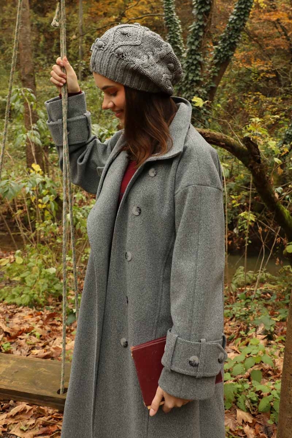 Dik Yaka Kruvaze Kaban Gri - 4