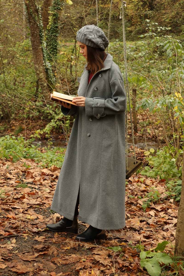 Dik Yaka Kruvaze Kaban Gri - 5