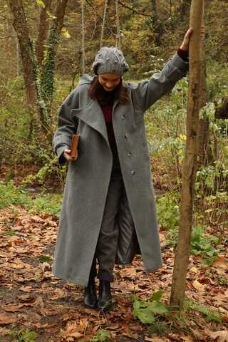 Dik Yaka Kruvaze Kaban Gri - 1