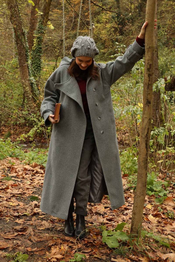 Dik Yaka Kruvaze Kaban Gri - 1