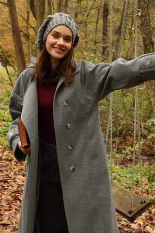 Dik Yaka Kruvaze Kaban Gri - 7