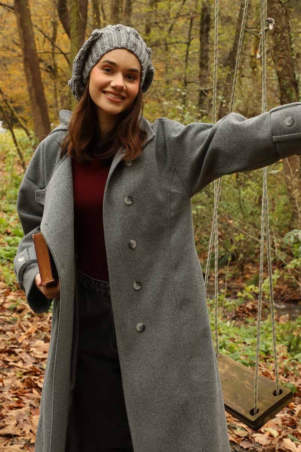 Dik Yaka Kruvaze Kaban Gri - 7