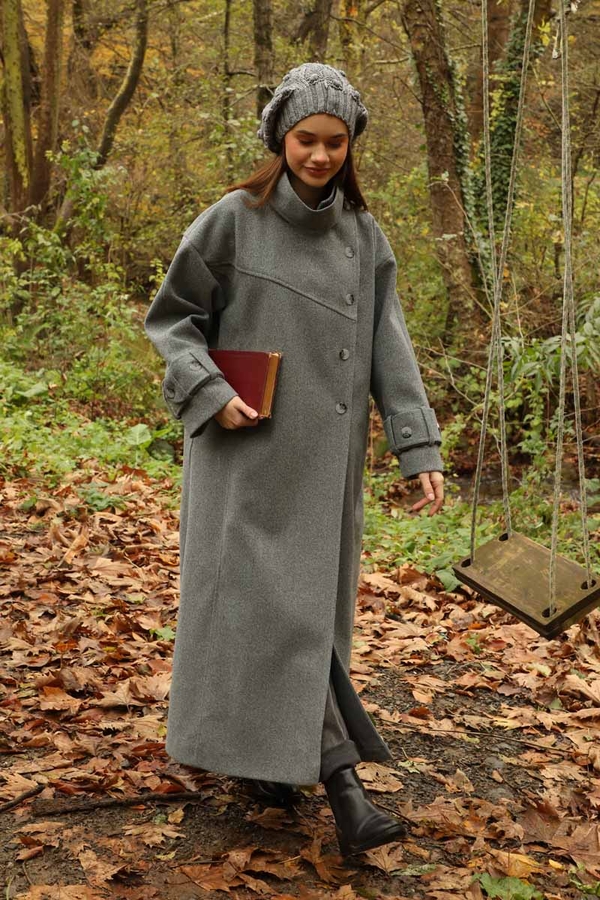 Dik Yaka Kruvaze Kaban Gri - 8