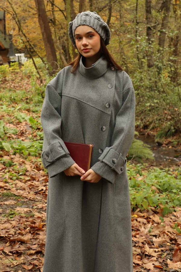 Dik Yaka Kruvaze Kaban Gri - 9